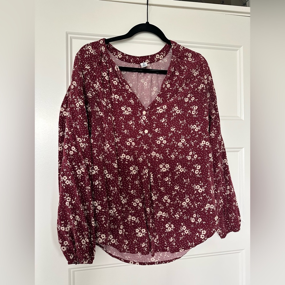 Old Navy Red and White Boxy Blouse with Mandarin Collar